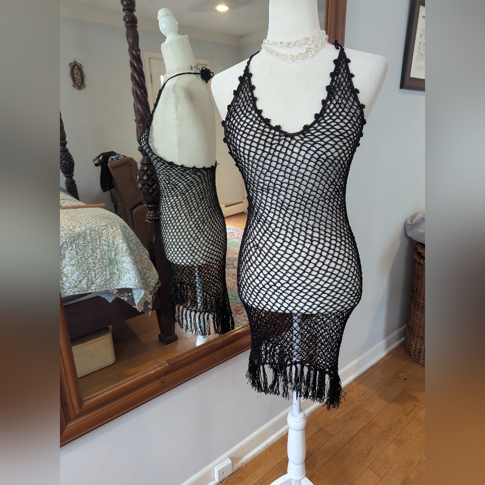 Black Crocheted Fringe Swim Coverup Dress